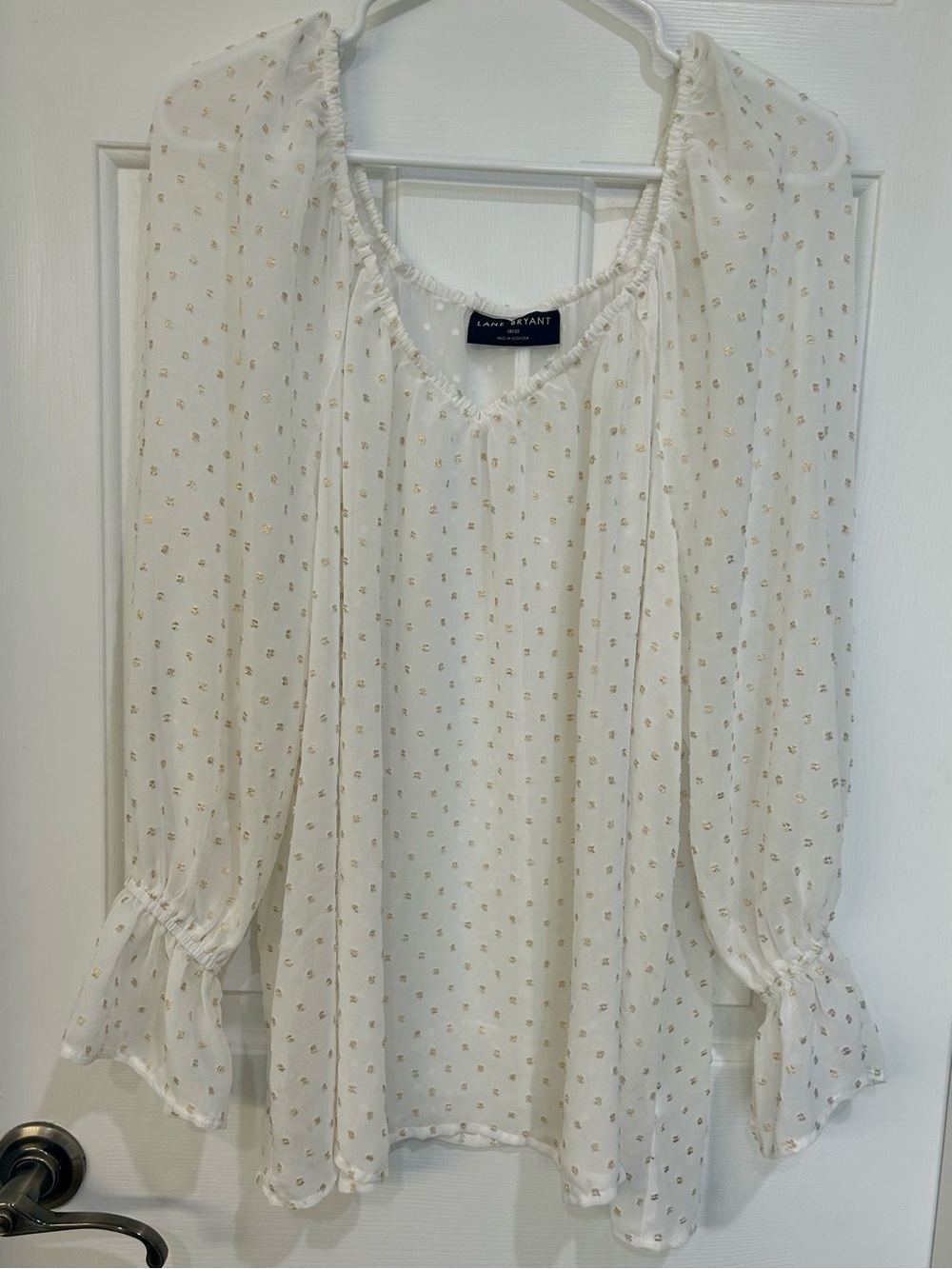 Lane Bryant Metallic Gold Clip Dot Peasant Blouse White Ivory Plus Size 18/20